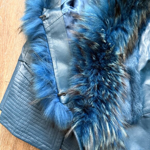 NWOT Blue Leather Vest Real Fox Fur S size - Picture 9 of 15